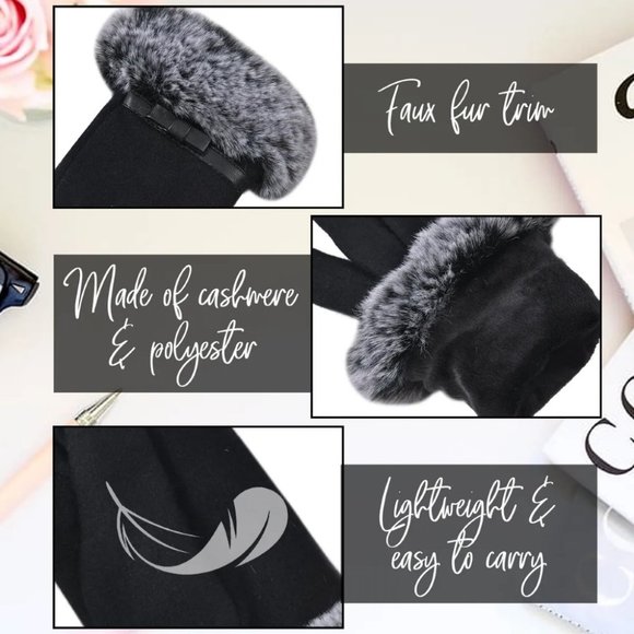 Black Cashmere Warm Gloves with Faux Fur and Equipped Touch Screen Friend… - Picture 7 of 11